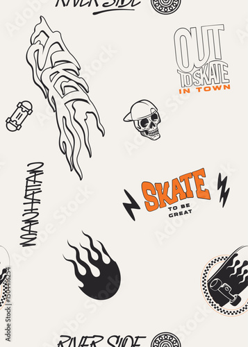 Urban Skateboard Pattern – Street Style Graphic Design with Flames, Skulls, and Typography