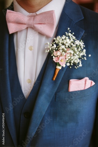 Elegant Groom Outfit Featuring Pastel Accessories and Floral Details