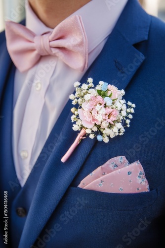 Elegant Groom Outfit Featuring Pastel Accessories and Floral Details