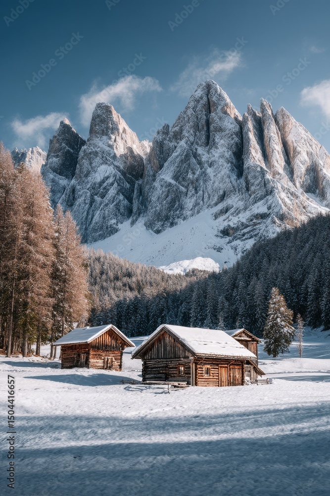 Snow-covered Cabins Surrounded by Majestic Mountains During Winter in a Serene Landscape Snow-covered Cabins Surrounded by Majestic Mountains During Winter in a Serene Landscape
