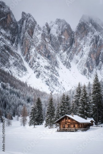 Snow-covered Cabins Surrounded by Majestic Mountains During Winter in a Seren...