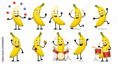 Playful bananas engaging in various activities with bright expressions  