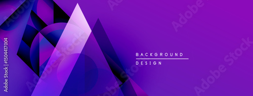 Abstract purple design features geometric shapes, gradients, overlapping layers. Modern banner or header concept. Vibrant, dynamic composition.