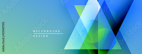 Abstract geometric background. Overlapping triangles create vibrant color gradients, modern design elements. Blue, green hues dominate composition.