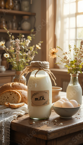 Milk and bread on the table
