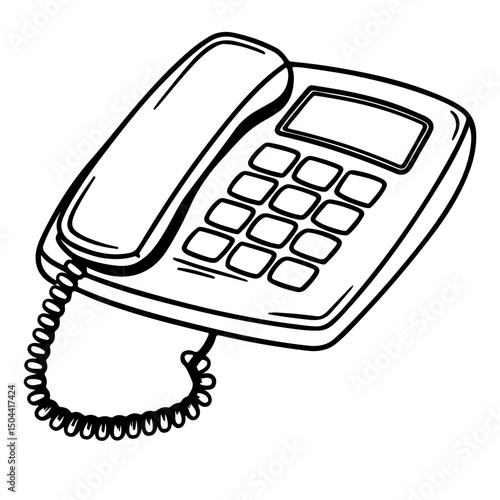 Black telephone with cord and keypad on white background