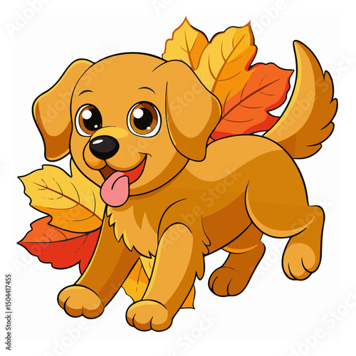 Cute brown cartoon puppy holding a flower and smiling happily