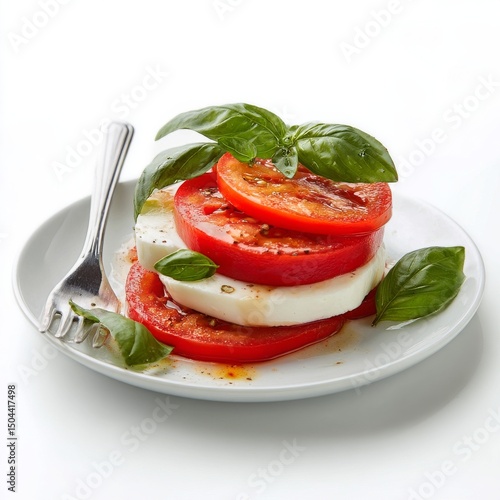 Fresh Mozzarella and Tomato Salad Garnished With Basil on a White Plate