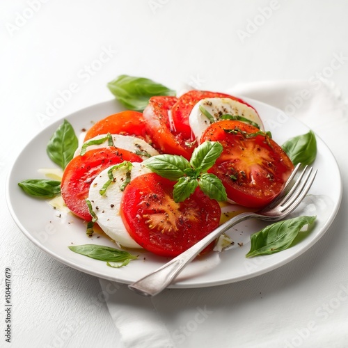 Fresh Tomato and Mozzarella Salad Served on a White Plate With Basil and Oliv...