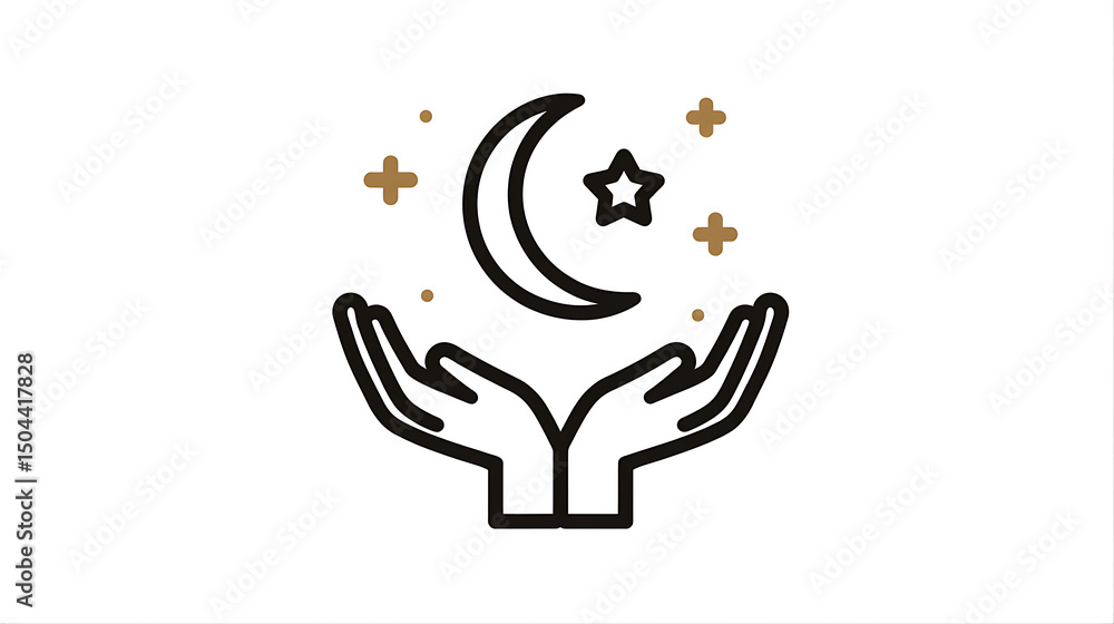 Minimalist line art of two hands holding a crescent moon with star, symbolizing Eid blessings isolated on white background Minimalist line art of two hands holding a crescent moon with star, symbolizing Eid blessings isolated on white background