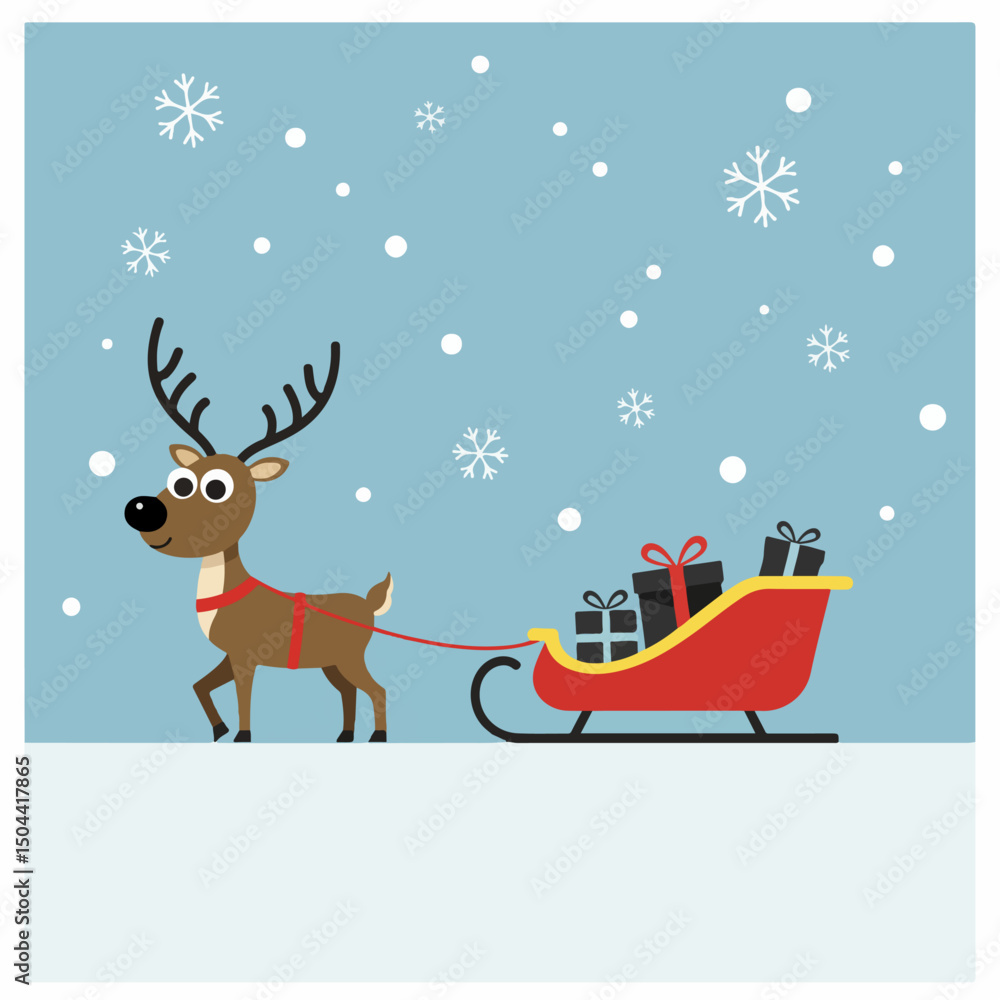 Cute reindeer pulling red sleigh with gifts on snowy background. Christmas reindeer carries presents in festive sleigh through winter wonderland. Holiday scene perfect for Christmas cards, gift wrap Cute reindeer pulling red sleigh with gifts on snowy background. Christmas reindeer carries presents in festive sleigh through winter wonderland. Holiday scene perfect for Christmas cards, gift wrap