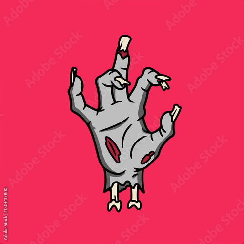 Spooky Halloween zombie hand gesture. Decayed hand with bloody wounds and broken bones makes obscene gesture.  Creepy Halloween illustration perfect for spooky designs, scary themed invitations, or Ha