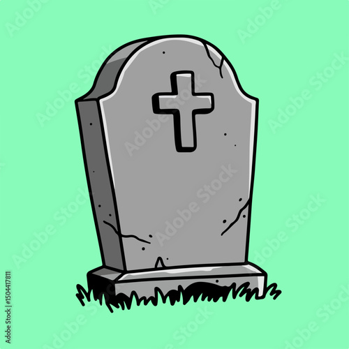 Simple grey tombstone with cross, cracked surface, and grass.  Tombstone illustration perfect for Halloween decorations, spooky designs, or themed websites. This illustration is ideal for creating Hal