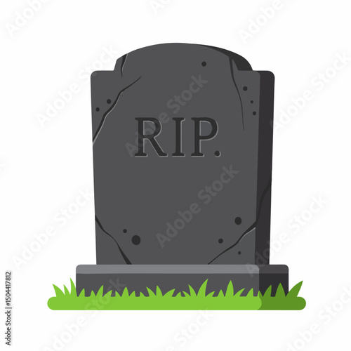 Grave tombstone with rip inscription and grass. Dark grey headstone rests on simple base, surrounded by small patches of green grass. This somber image is ideal for Halloween, creating a spooky atmosp