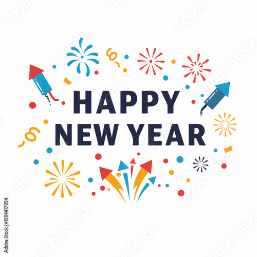 Happy New Year greeting card with colorful fireworks and confetti. Festive New Year design includes exploding rockets and sparkling elements. Perfect New Year illustration for holiday cards and invita
