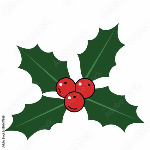 Festive holly sprig with red berries and green leaves. Christmas decoration features bright red berries and glossy green leaves. Holly sprig perfect for holiday cards, invitations, and seasonal design