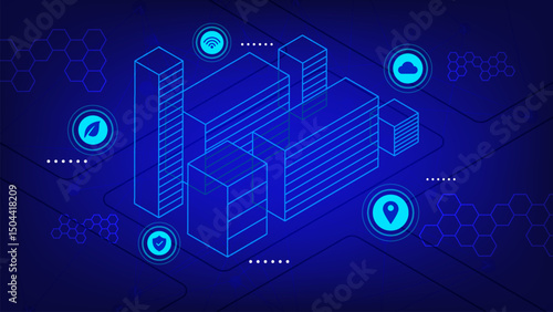 Futuristic smart city illustration with glowing blue buildings and technology icons including cloud, GPS, Wi-Fi, and security on blue background