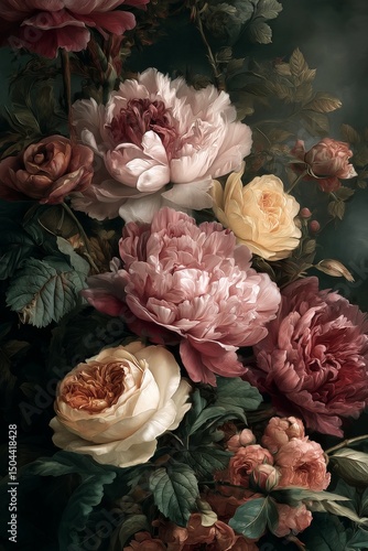 Vibrant Bouquet of Blooming Roses Showcasing Various Colors and Textures in a...
