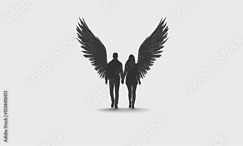 Silhouetted couple holding hands with striking black wings, symbolizing love and connection.