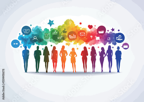 Colorful silhouettes representing diverse individuals and social media icons.