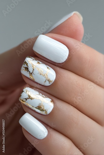 Elegant White Marble Nail Design With Gold Accents Showcasing Artistry and Cr...