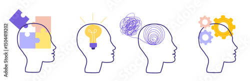 Mental health and think concept. A set of heads to illustrate critical thinking.