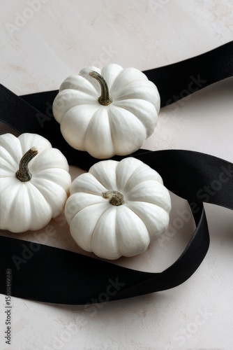 Seasonal Decoration With White Pumpkins and Black Ribbon on Neutral Background