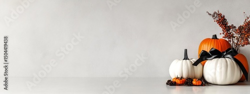 Decorative Autumn Display With Pumpkins and Fall Foliage on a Neutral Background