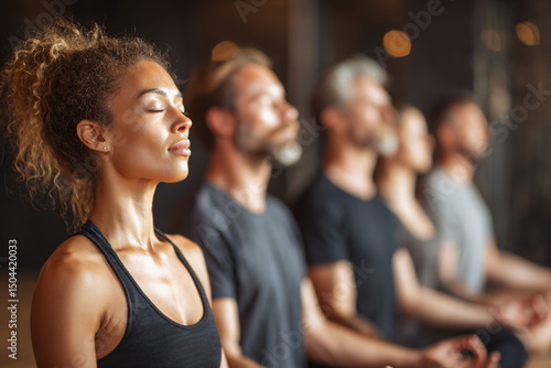 group meditation in yoga studio, breath exercise, men and women meditating and breathing with closed eyes, breathwork concept
