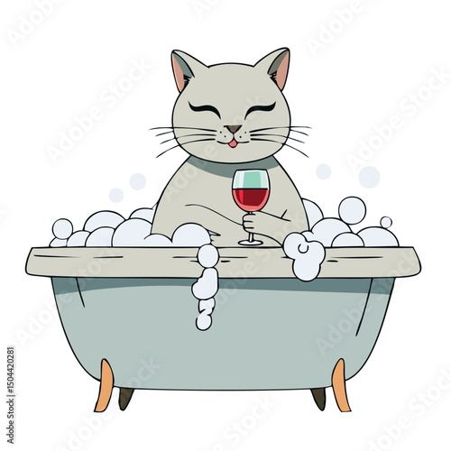 A fat cat is leisurely drinking red wine in a bathtub full of bubbles