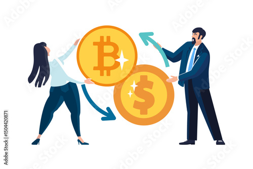 Vector illustrations. Financial transactions, penny transfers, banking transactions, gold coins, exchange between dollar and bitcoin. Business, businessman, business people, Europeans, team work