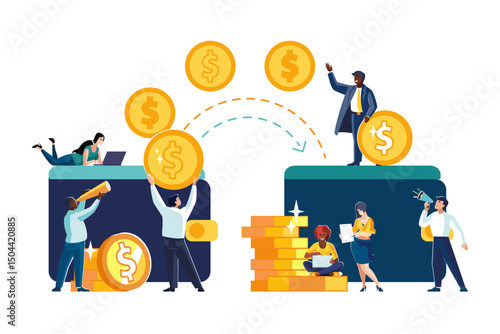 Vector illustrations. Financial transactions, penny transfers, banking transactions, profitable deals with coins, dollars Business, ethnic groups, African Americans, teamwork, people Currency exchange
