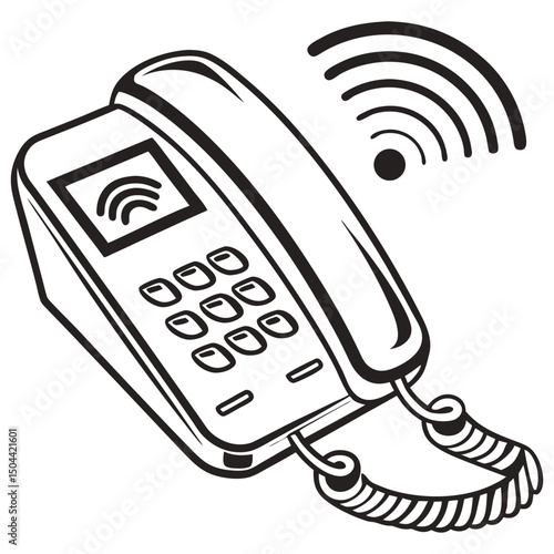 Black and White Sketch of Retro Landline Telephone with Curled Cord – Vintage Line Art Illustration