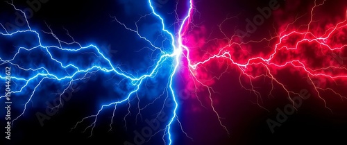 Electric blue and red lightning bolts collide in a dark void, creating a vibrant energy clash, artwork, sparkle