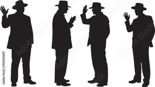 Silhouetted Cricket Umpire Figures Waving and Gesturing in Formal Attire