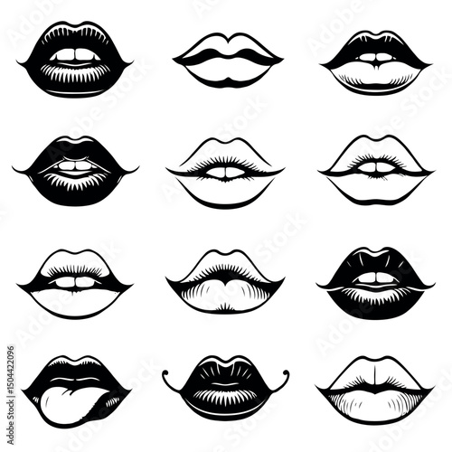 Adobe Illustrator Artwork Collection of hand-drawn lips illustrations. Set of female lips, stylish lip black and white designs, lip outlines in various shapes and styles. 