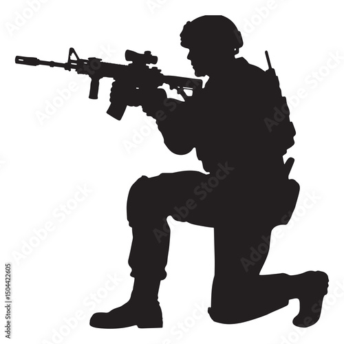 Silhouette of armed soldiers with rifles and guns in a military-themed vector illustration