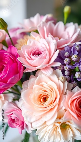 vase filled with lots of pink and purple flowers