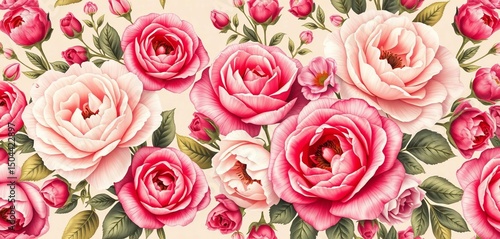 Elegant vintage floral wallpaper seamless pattern featuring roses and peonies , image, surface