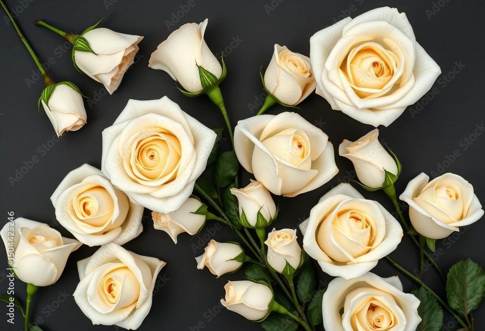Elegant white roses arranged flat lay on dark background, ample copy space, death, card Elegant white roses arranged flat lay on dark background, ample copy space, death, card