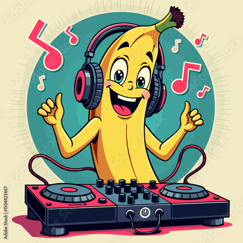 Cartoon banana DJ playing music with headphones and turntables  