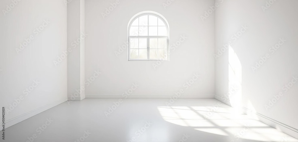 Fototapeta premium Empty white room, sunlight streams through window, dramatic shadows on walls, sunbeam, airy