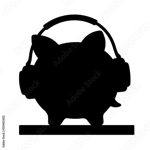 Piggy-bank with headphones silhouette – black savings-finance icon