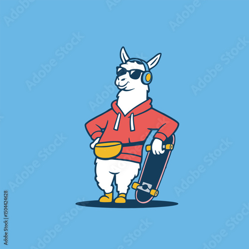 White alpaca in red hoodie holding a skateboard. 