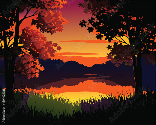 sunset in the forest vector