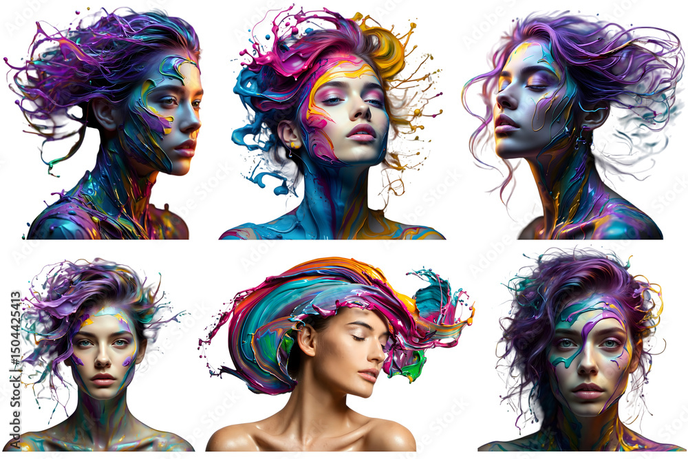 Obraz premium Six colorful women paint splatter portraits isolated on transparent background