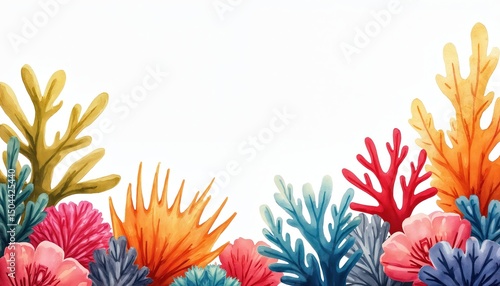 Fototapeta Naklejka Na Ścianę i Meble -  Watercolor painting of coral reef, ocean theme frame border. Colorful tropical floral, marine elements in illustration. Underwater life, aquatic nature theme. Design for print, background, wallpaper.