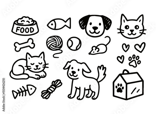 Vector set of pets in doodle style. Hand drawn. Pet accessories elements: bone, paw, leash, food, cat and dog