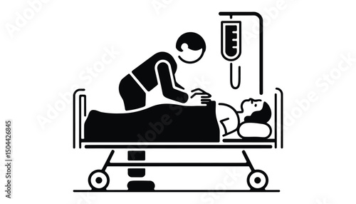 Doctor Performing CPR on Patient in Hospital Bed – Emergency Medical Care Vector Illustration

