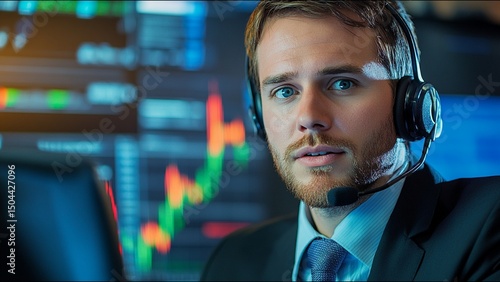 Serious Stock Trader Looks At Camera While On Trading Floor